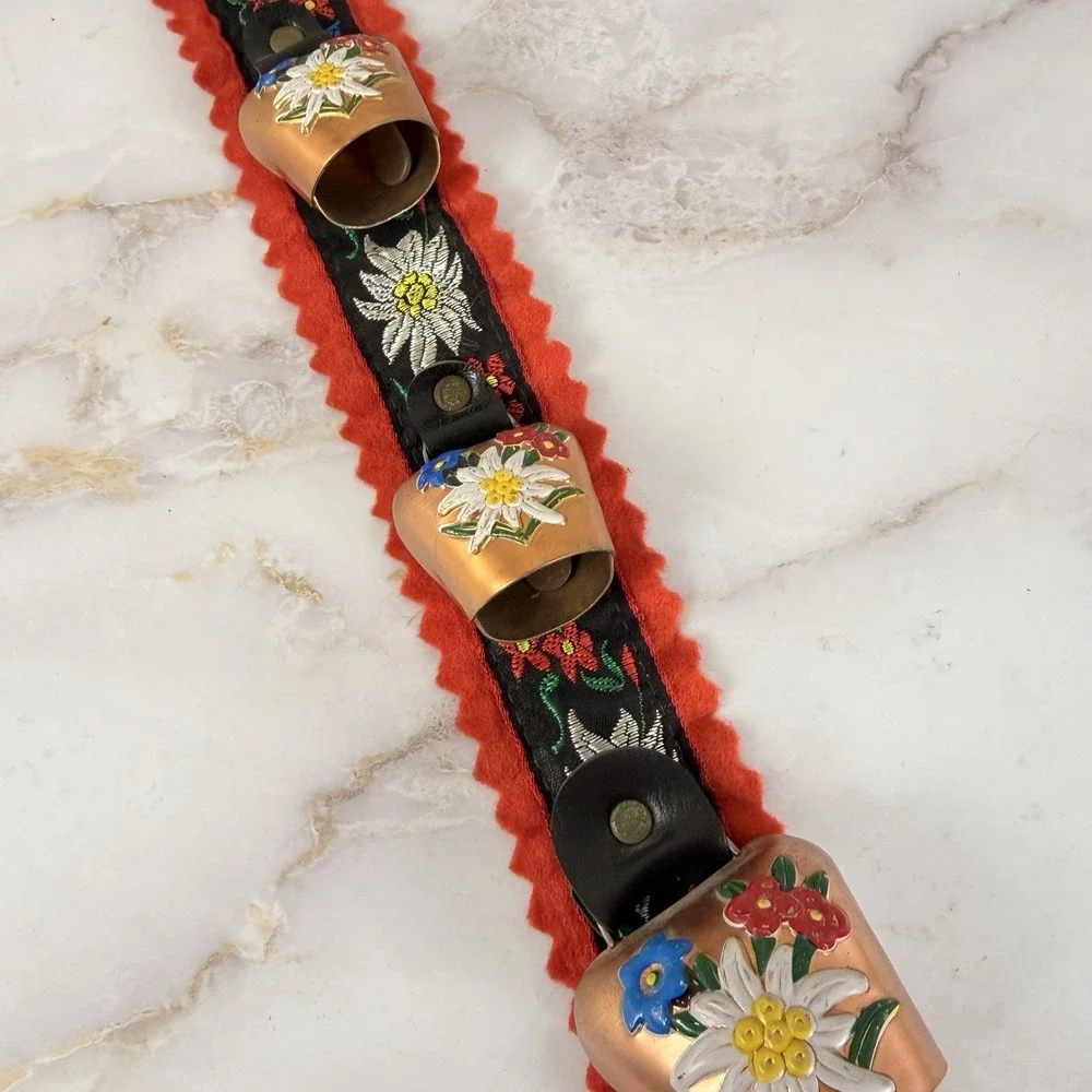 Vintage Brass Swiss Cow Bells Hand Painted on Embroidered Strap